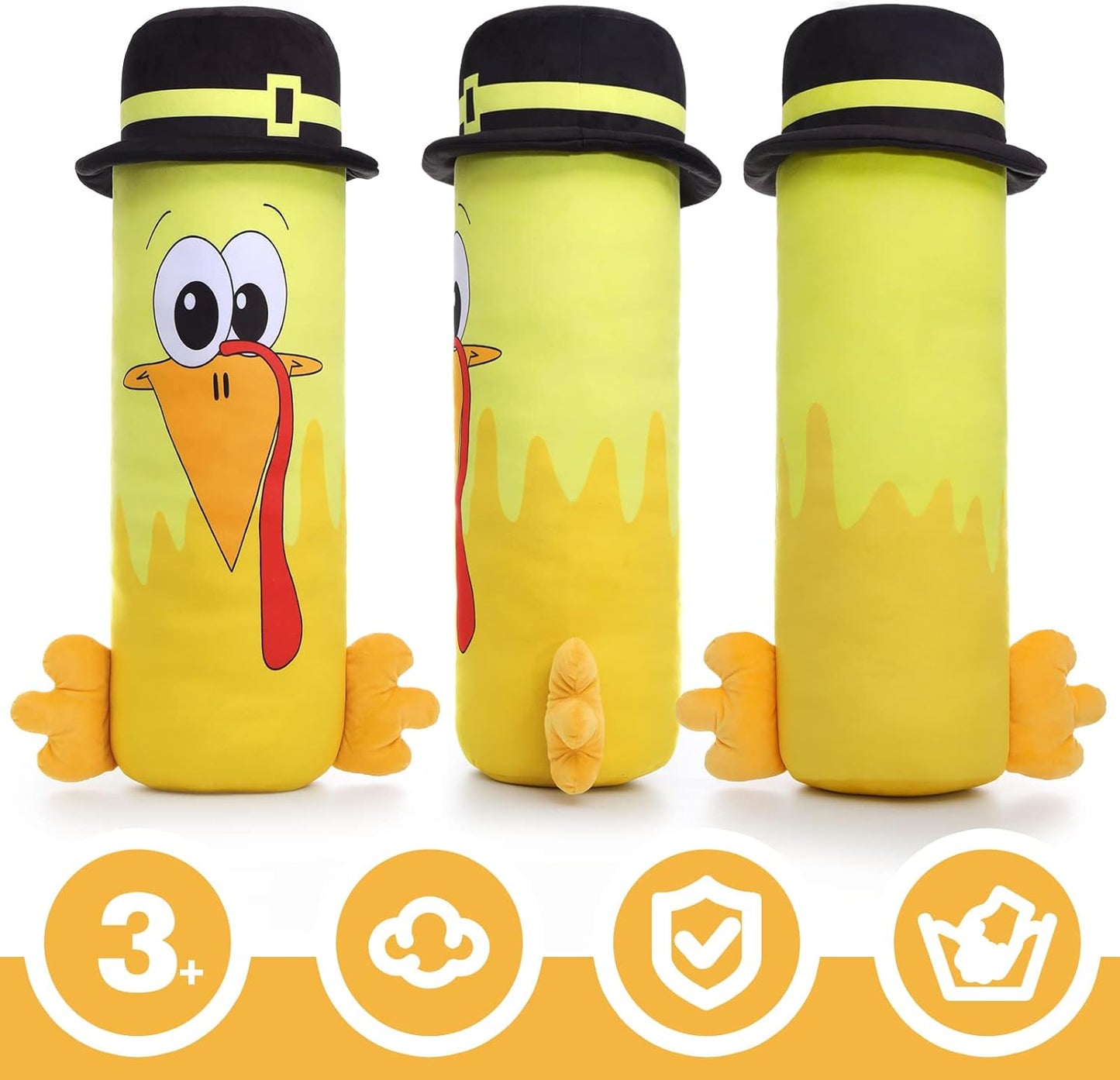 Turkey Plush Toys - Cartoon Turkey Cylindrical Throw Pillows - Yellow Turkey Plush Pillows 35.4 Inches - Thanksgiving Day Gift Ideas - Wild Turkey Stuffies - Plush Toys for Kids & Birders - MorisMos Stuffed Animals