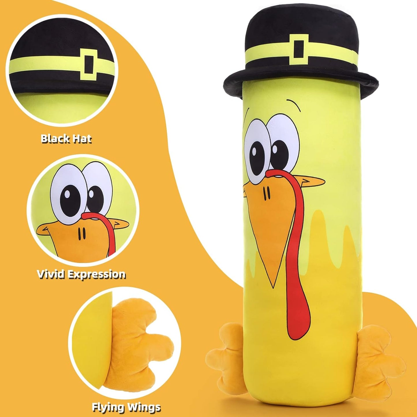 Turkey Plush Toys - Cartoon Turkey Cylindrical Throw Pillows - Yellow Turkey Plush Pillows 35.4 Inches - Thanksgiving Day Gift Ideas - Wild Turkey Stuffies - Plush Toys for Kids & Birders - MorisMos Stuffed Animals