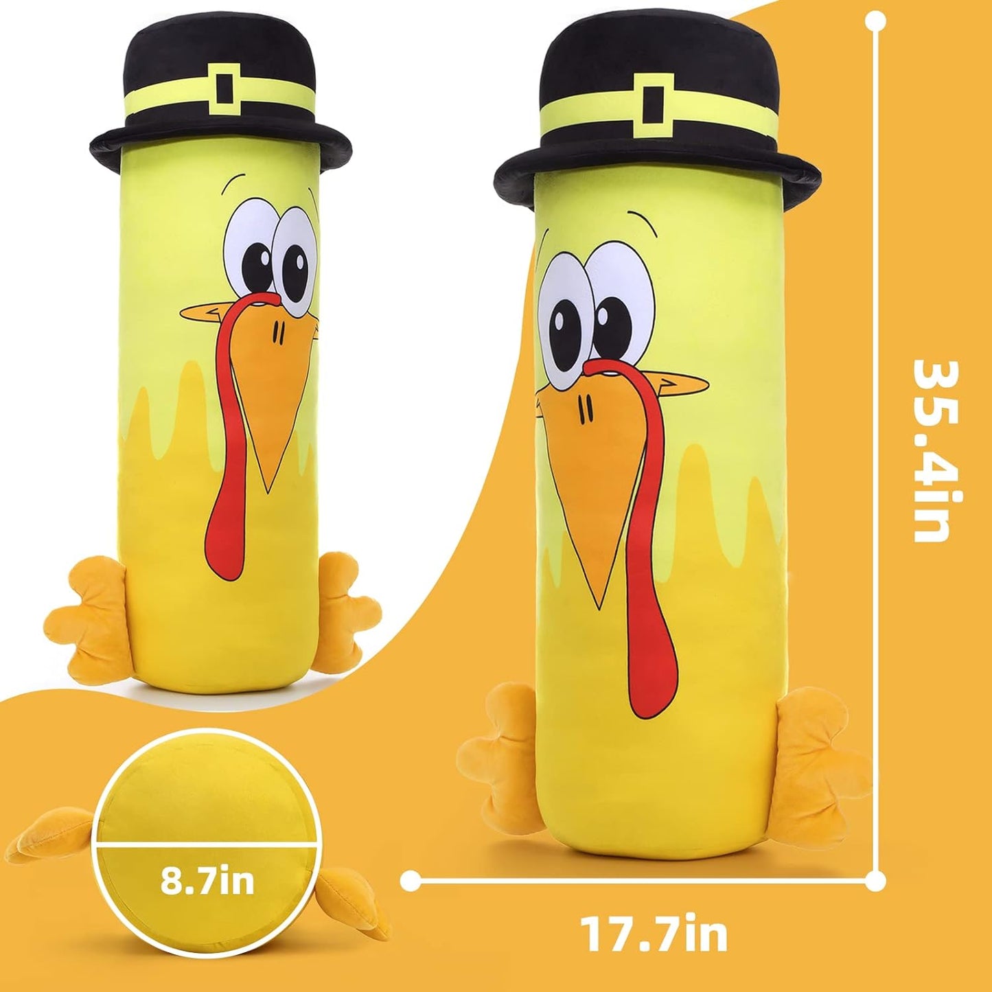 Turkey Plush Toys - Cartoon Turkey Cylindrical Throw Pillows - Yellow Turkey Plush Pillows 35.4 Inches - Thanksgiving Day Gift Ideas - Wild Turkey Stuffies - Plush Toys for Kids & Birders - MorisMos Stuffed Animals