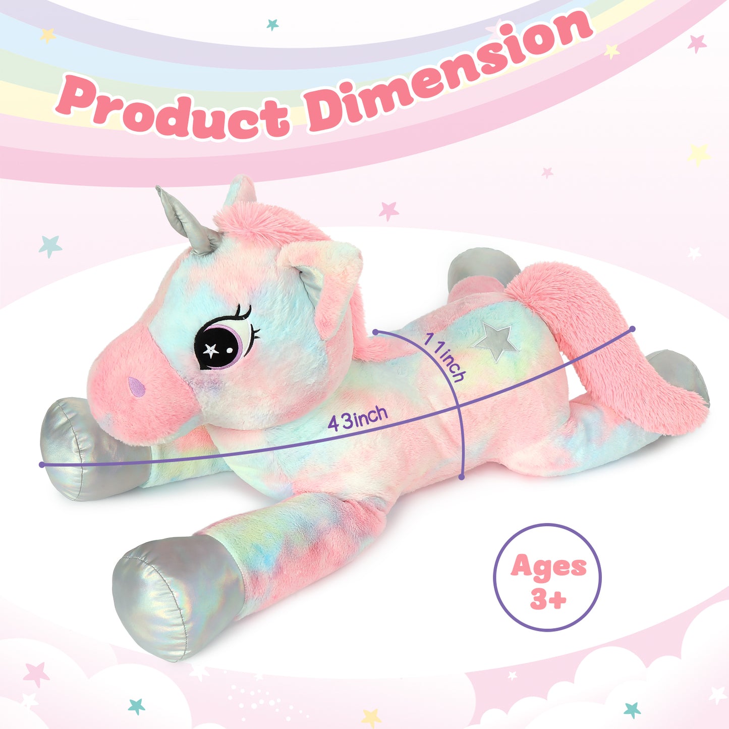 Big Colorful Unicorn Plush Toy, 43 Inches