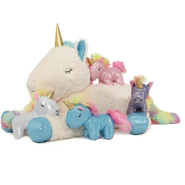 Tezituor Unicorn Mom with Baby Plushies, White/Green/Pink/Beige, 24 Inches