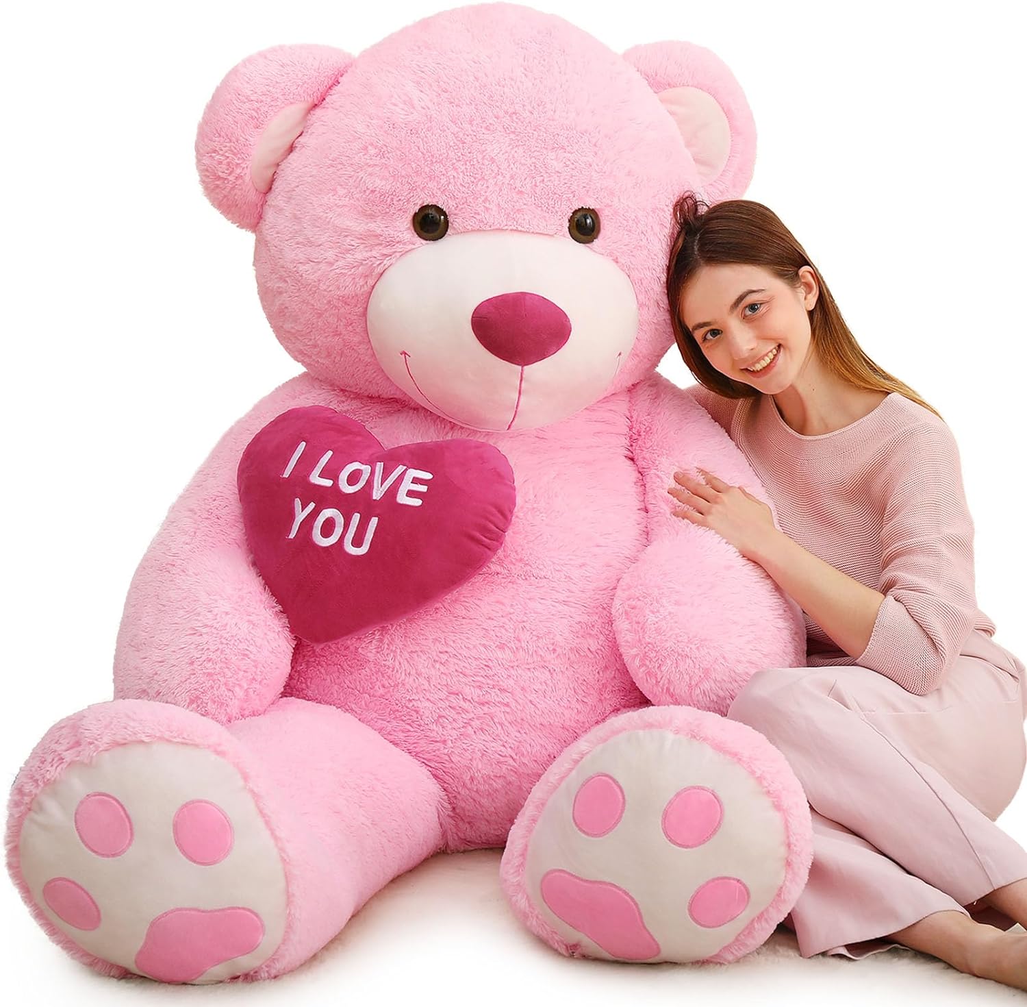 Life Size Teddy Bear Plush Toy, Brown/Beige/Pink/Black, 6 FT