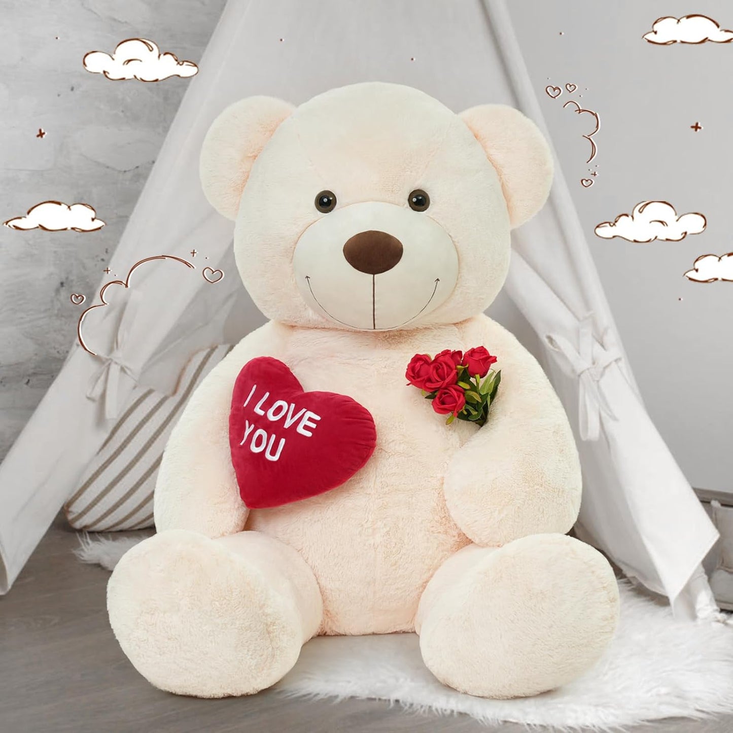 Giant 180 CM Beige Teddy Bear Plush Toys - 6 Feet Teddy Bear Stuffed Animals - Teddy Bear Plush with ' I Love You ' Heart - Valentine's Day Gift for Girlfriend/Boyfriend - Romantic Confession/Propose Marriage Gift Ideas - Anniversary Gift for Wife/Husband - Teddy Bear Theme Baby Shower