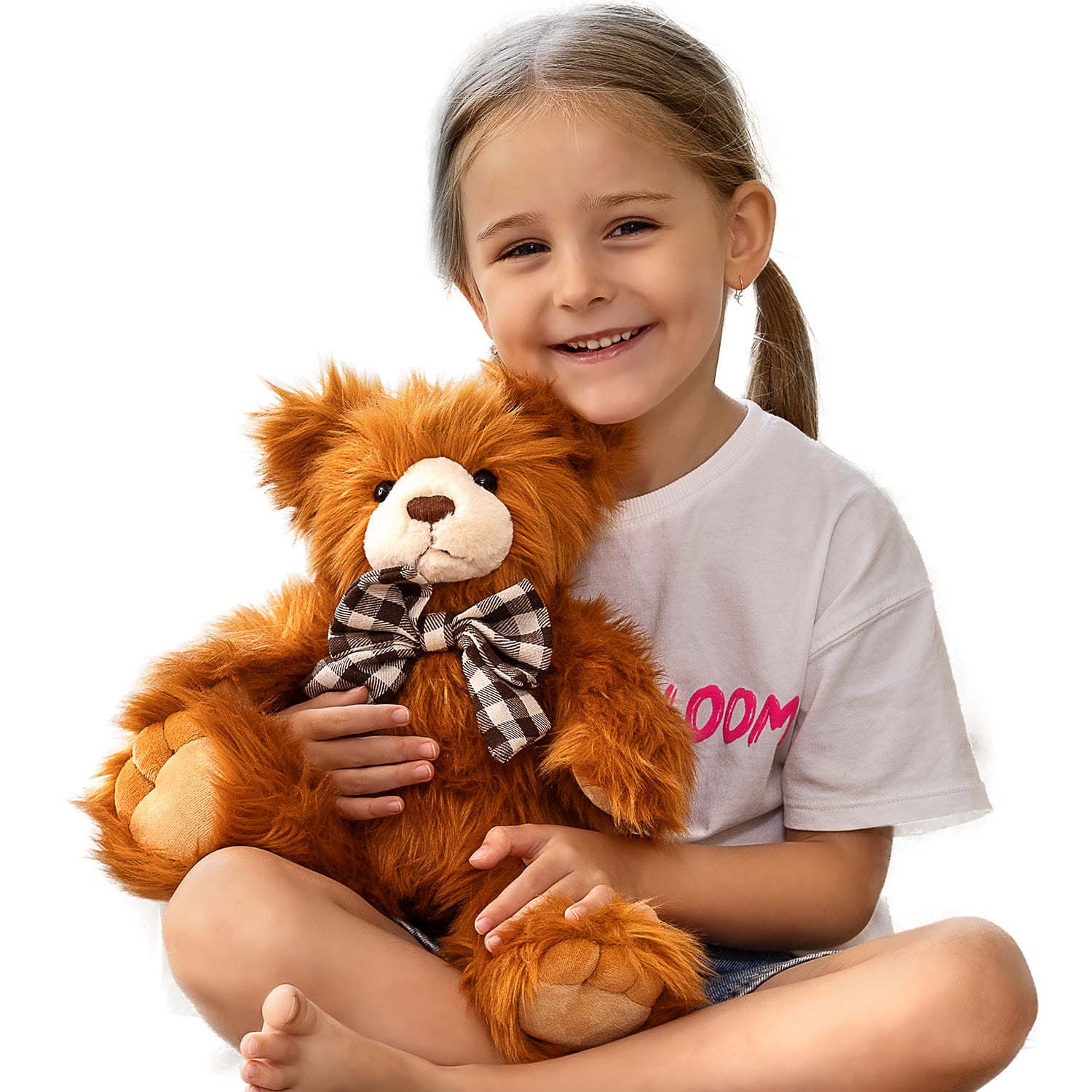 Furry Teddy Bear Plush Toy, Brown/Beige/Pink, 14 Inches