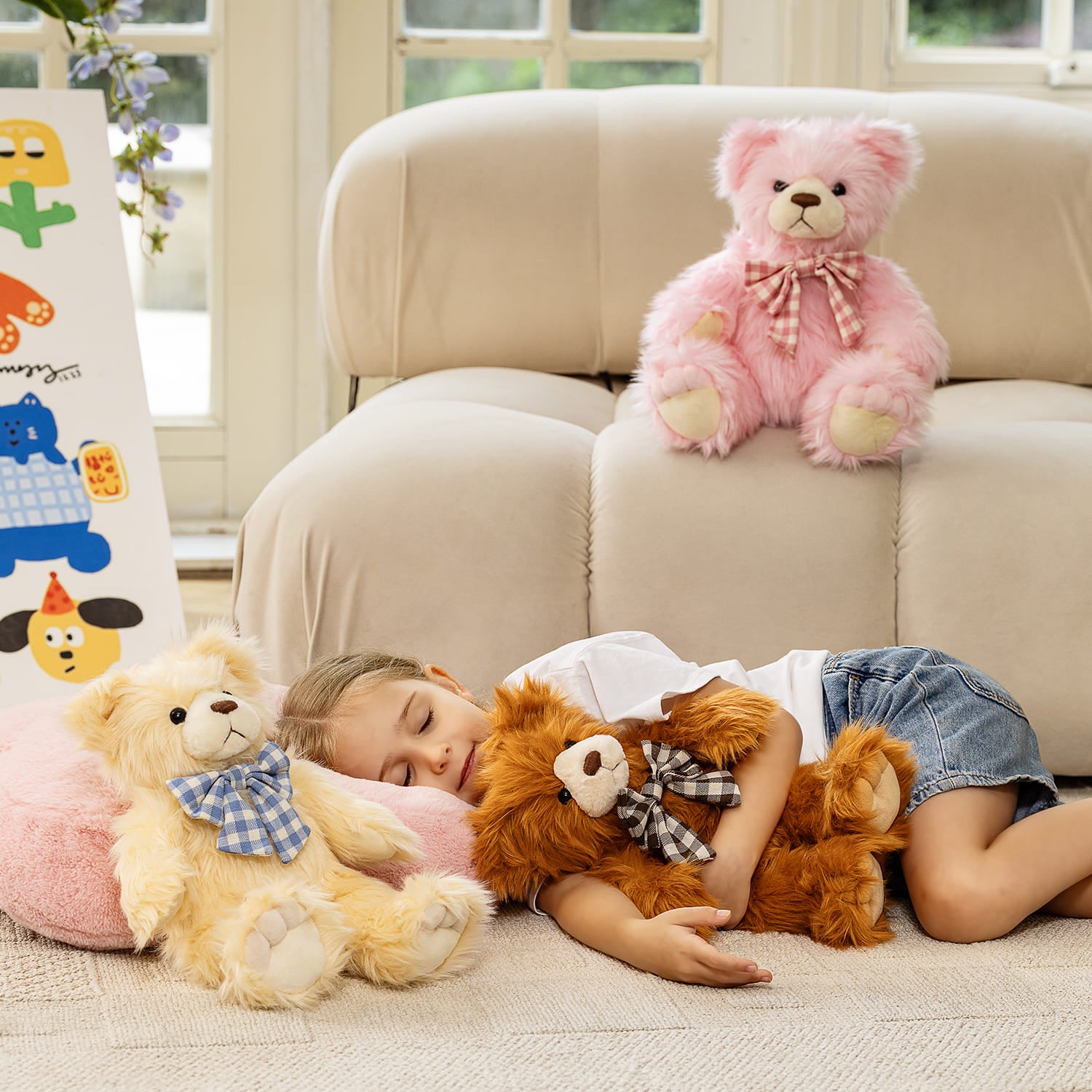 Furry Teddy Bear Plush Toy, Brown/Beige/Pink, 14 Inches