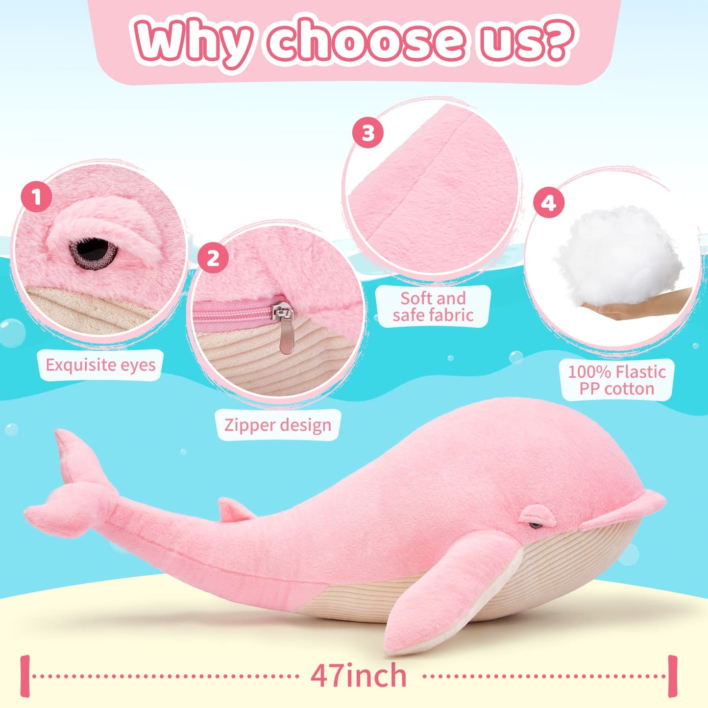 Big Whale Stuffed Animals, Pink, 47 Inches - MorisMos Ocean Animal Plush Toys - Free Shipping