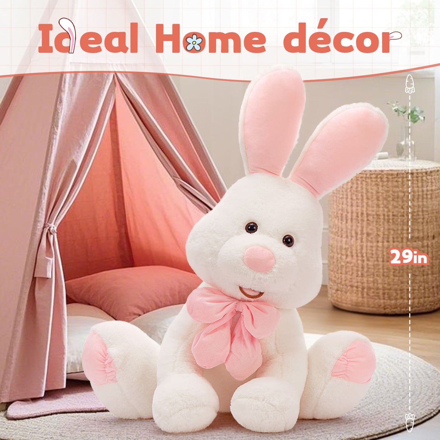 Cute Easter Bunny Plush Toys - Big White Rabbit Stuffed Animals with A Pink Bow - Easter Gift for Kids Teens Adults - Cute Cartoon Bunny Plush Pillows 31 Inches - Birthday Gift for Friends - Bunny Plush Dolls - MorisMos Stuffed Animals