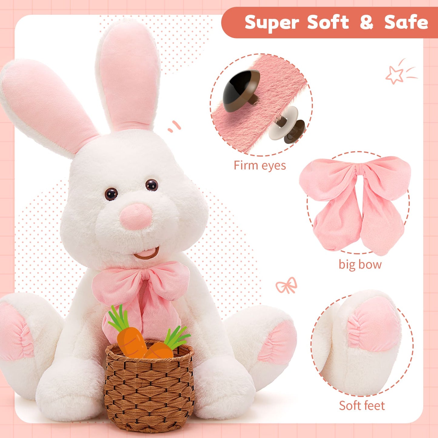 Cute Easter Bunny Plush Toys - Big White Rabbit Stuffed Animals with A Pink Bow - Easter Gift for Kids Teens Adults - Cute Cartoon Bunny Plush Pillows 31 Inches - Birthday Gift for Friends - Bunny Plush Dolls - MorisMos Stuffed Animals