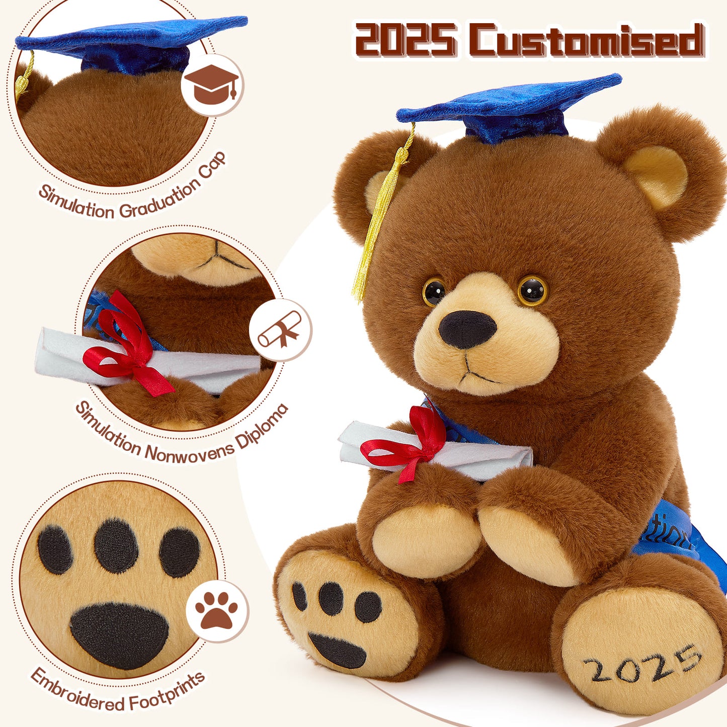 Graduation Teddy Bear Plush Toys - Light Brown Teddy Bear Stuffed Animals for 2025 Graduates - Graduation Gift for Class of 2025 - Graduation Teddy Bear with Bachelor Hat and Diploma - Bulk Graduation Teddy Bear Plush - Class 2025 Graduation Decorations 