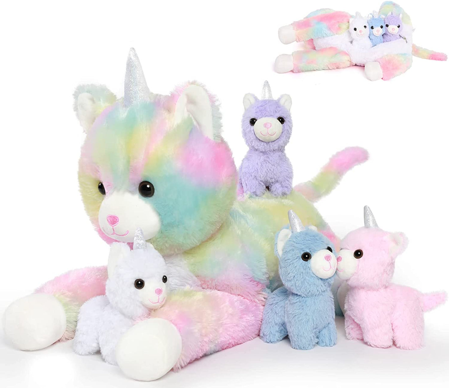 MorisMos Jouet en peluche licorne chat arc-en-ciel avec bébés chatons, 22''