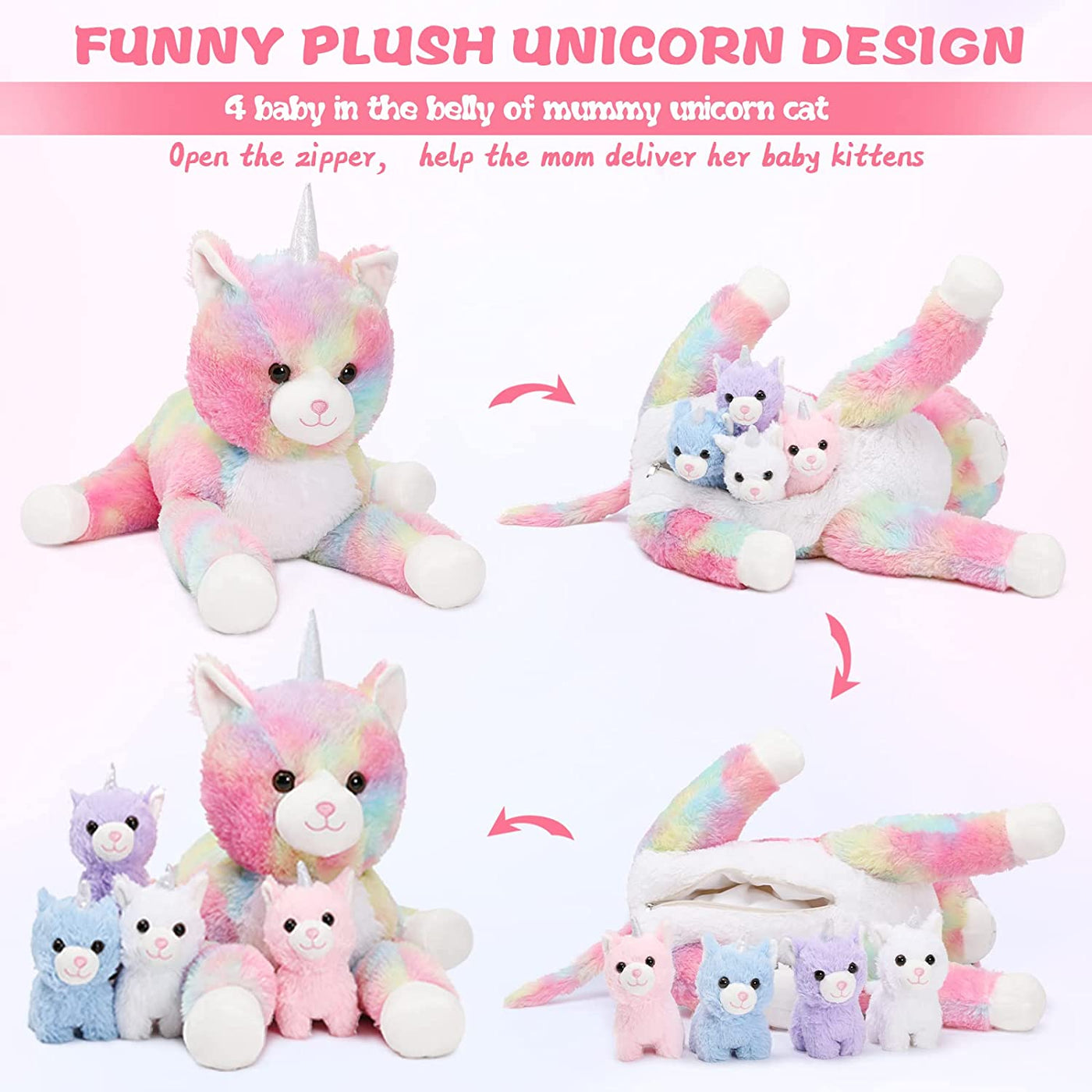 MorisMos Rainbow Cat Unicorn Stuffed Toy with Baby Kitties, 22''