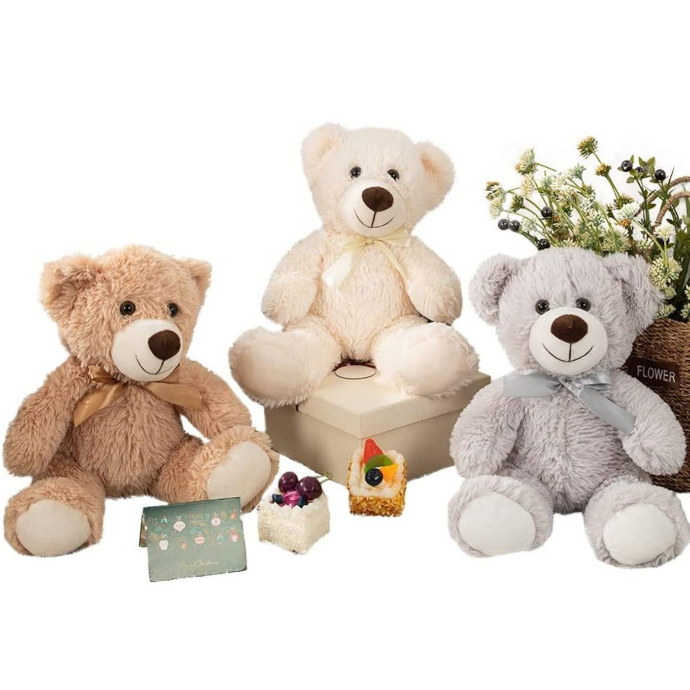 3-Pack Teddy Bear Stuffed Toy Set, White/Grey/Light Brown, 13.8"