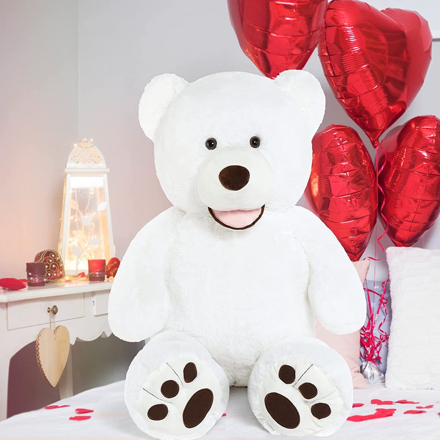 Giant White Teddy Bear Plush Toys - White 5 FT Teddy Bear Plush Dolls - Smiling Teddy Bear Stuffed Animals - Valentine's Day Teddy Bear Plushies - Teddy Bear Theme Baby Shower - We Can Bearly Wait Baby Shower Decor - Romantic Valentine's Day Gift