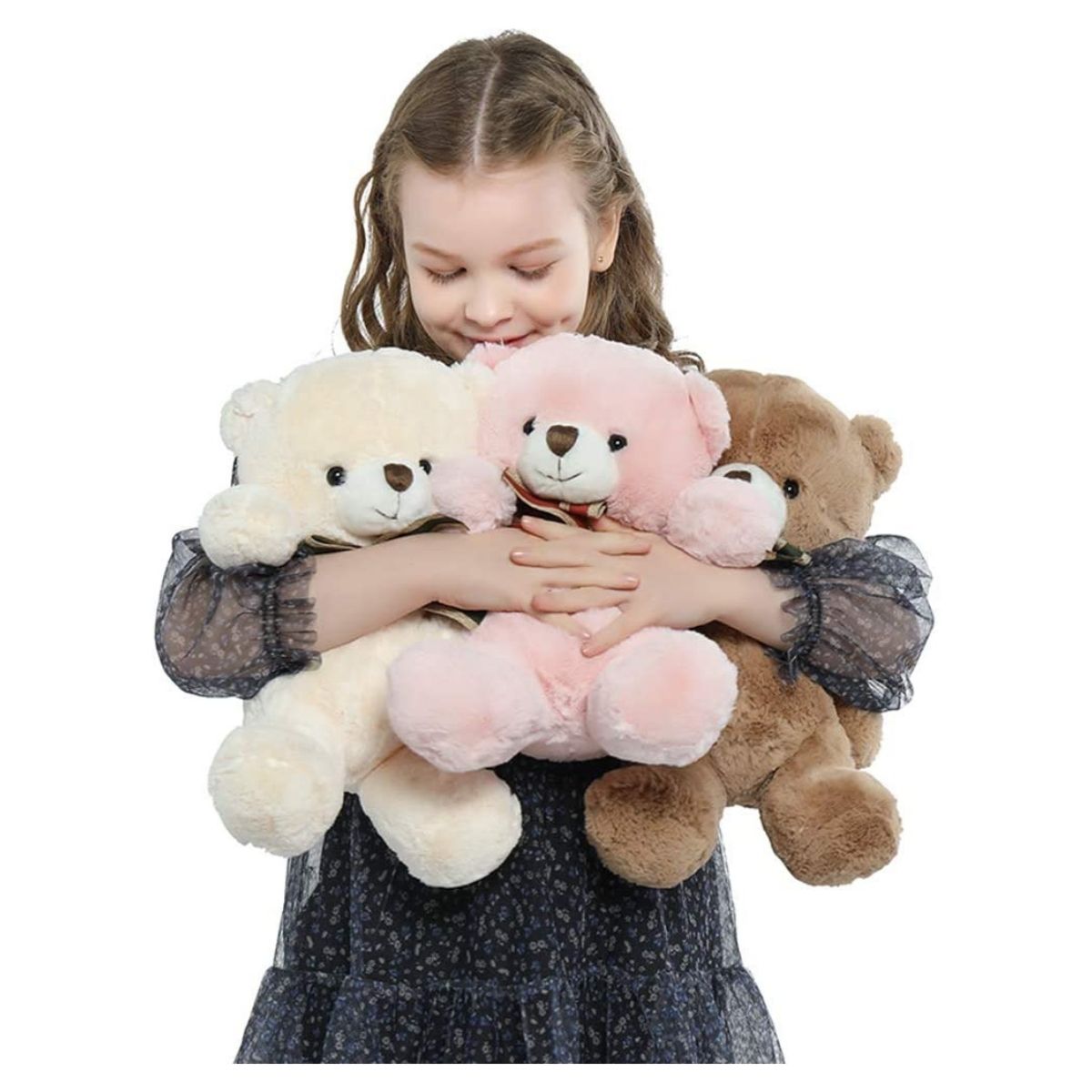 3-Pack Teddy Bear Stuffed Toys, 12'', White/Brown/Pink